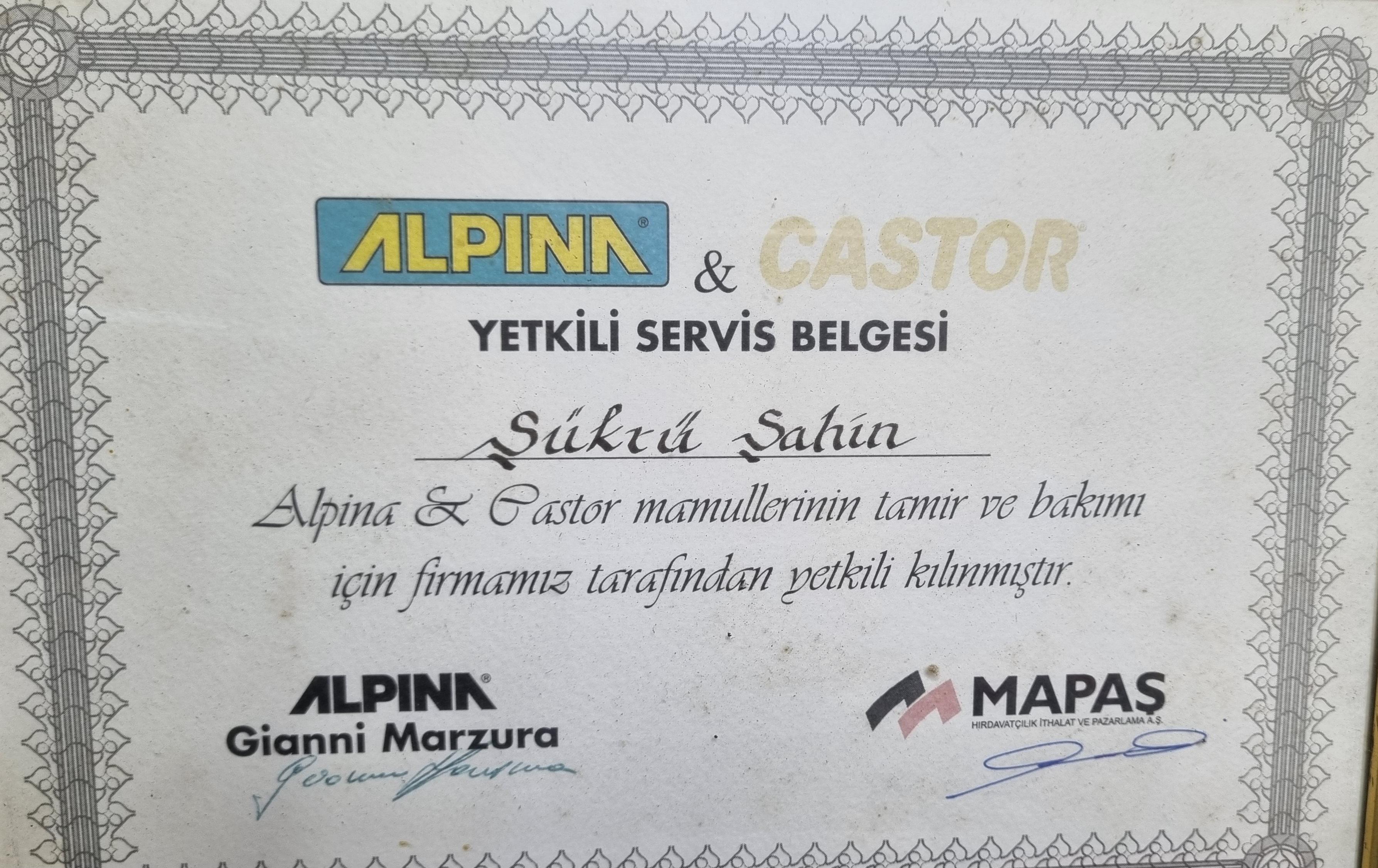 ALPINA & CASTOR YETKİLİ SERVİS BELGESİ